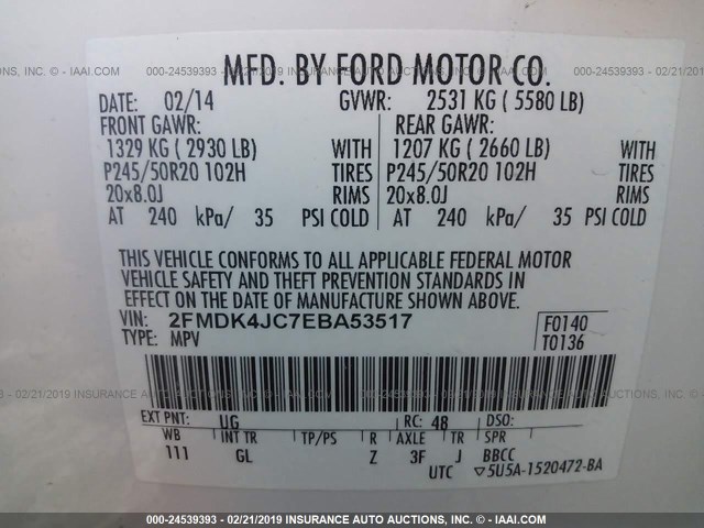 2FMDK4JC7EBA53517 - 2014 FORD EDGE SEL WHITE photo 9