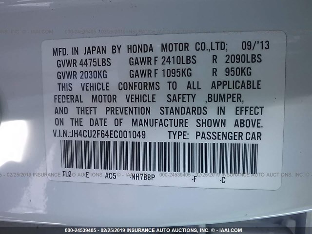 JH4CU2F64EC001049 - 2014 ACURA TSX TECH WHITE photo 9