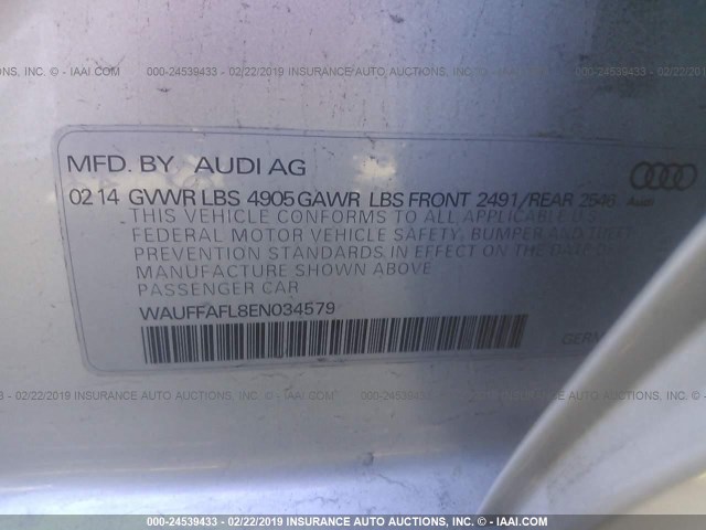 WAUFFAFL8EN034579 - 2014 AUDI A4 PREMIUM PLUS SILVER photo 9