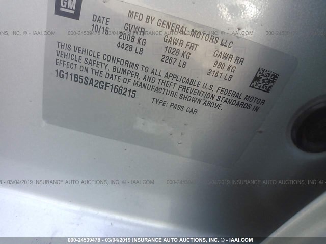 1G11B5SA2GF166215 - 2016 CHEVROLET MALIBU LIMITED LS WHITE photo 9