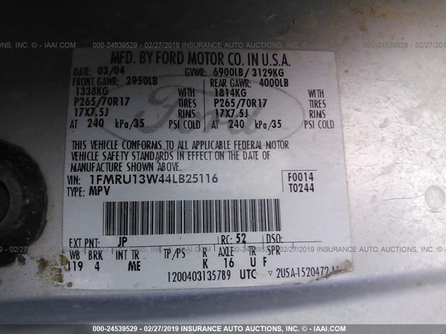 1FMRU13W44LB25116 - 2004 FORD EXPEDITION XLS SILVER photo 9