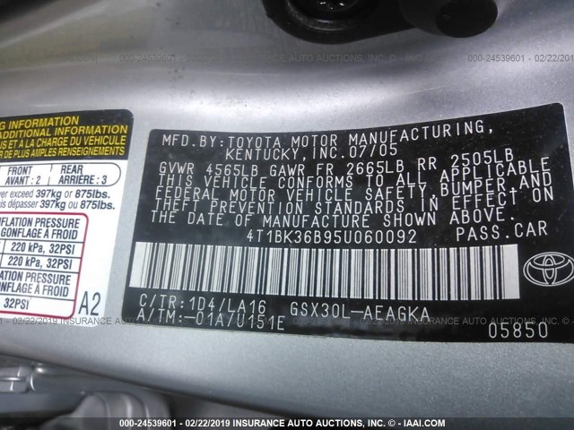 4T1BK36B95U060092 - 2005 TOYOTA AVALON XL/XLS/TOURING/LIMITED SILVER photo 9