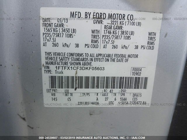 1FTFX1CF3DKF05603 - 2013 FORD F150 SUPER CAB SILVER photo 9