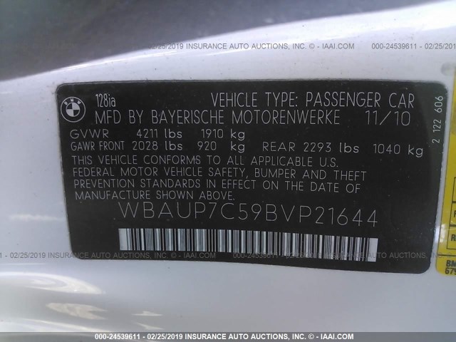 WBAUP7C59BVP21644 - 2011 BMW 128 I WHITE photo 9