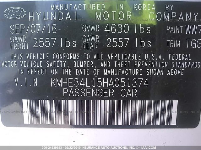 KMHE34L15HA051374 - 2017 HYUNDAI SONATA HYBRID/LIMITED WHITE photo 9