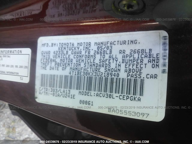 4T1BE30KX3U218940 - 2003 TOYOTA CAMRY LE/XLE/SE BROWN photo 9