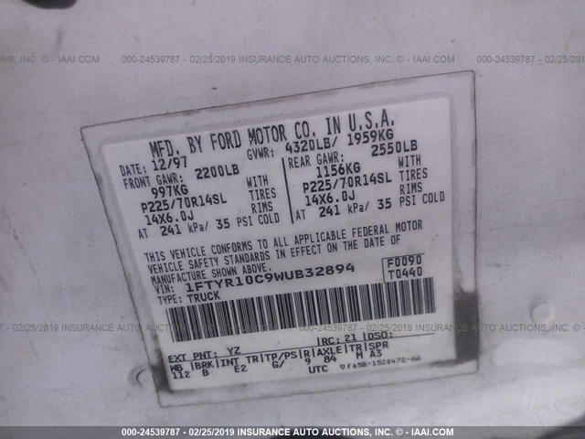 1FTYR10C9WUB32894 - 1998 FORD RANGER WHITE photo 9