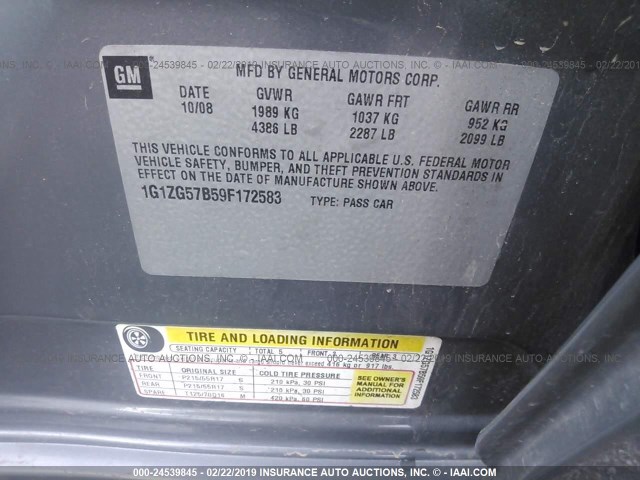 1G1ZG57B59F172583 - 2009 CHEVROLET MALIBU LS GRAY photo 9