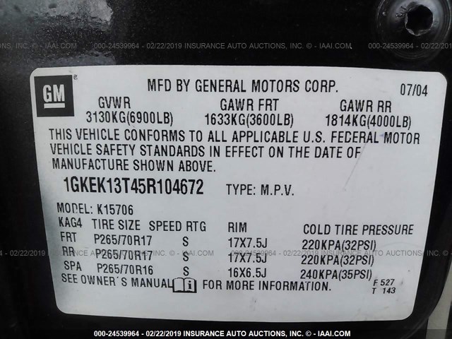 1GKEK13T45R104672 - 2005 GMC YUKON BLACK photo 9