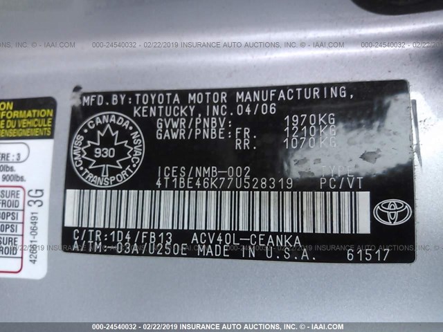 4T1BE46K77U528319 - 2007 TOYOTA CAMRY NEW GENERAT CE/LE/XLE/SE SILVER photo 9