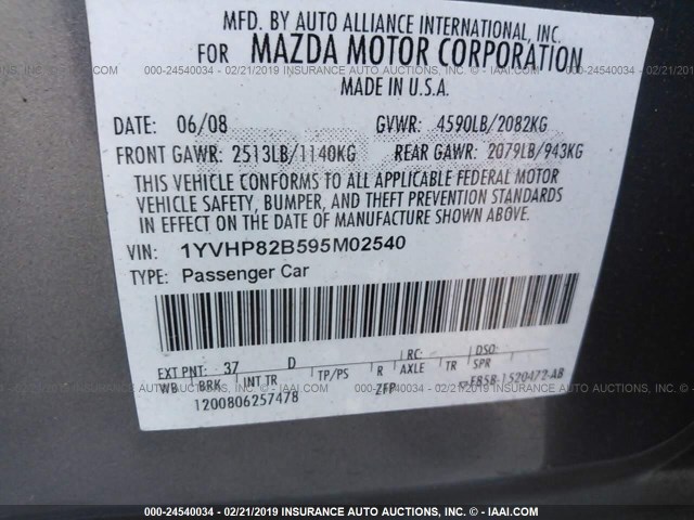 1YVHP82B595M02540 - 2009 MAZDA 6 S GRAY photo 9