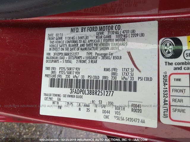 3FADP0L38BR251277 - 2011 FORD FUSION HYBRID RED photo 9