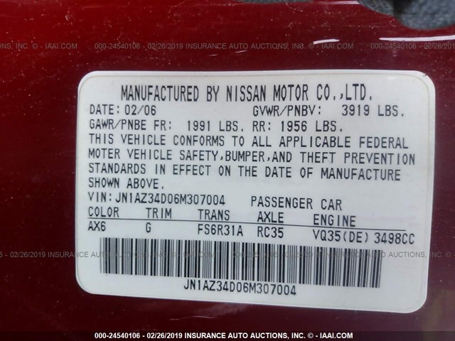 JN1AZ34D06M307004 - 2006 NISSAN 350Z COUPE RED photo 9