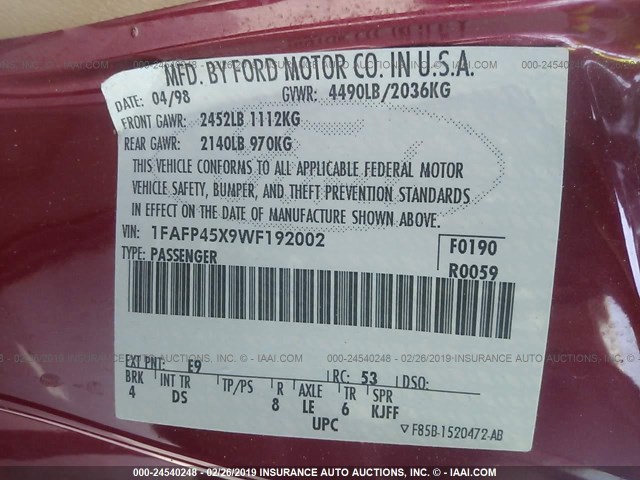 1FAFP45X9WF192002 - 1998 FORD MUSTANG GT RED photo 9