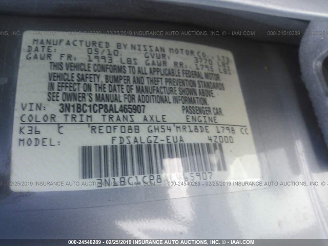 3N1BC1CP8AL465907 - 2010 NISSAN VERSA S/SL GRAY photo 9