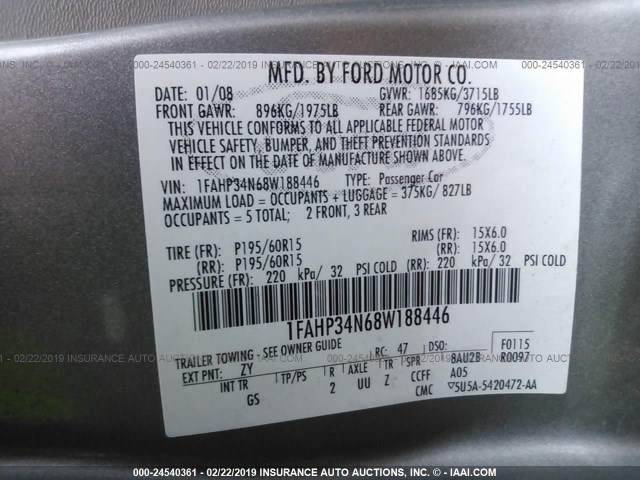 1FAHP34N68W188446 - 2008 FORD FOCUS S/SE GRAY photo 9