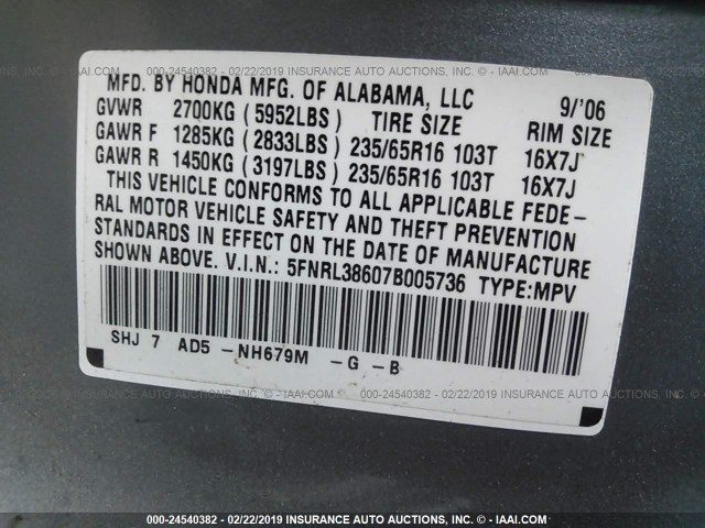 5FNRL38607B005736 - 2007 HONDA ODYSSEY EXL BLUE photo 9