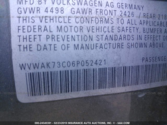 WVWAK73C06P052421 - 2006 VOLKSWAGEN PASSAT 2.0T/2.0T VALUE GRAY photo 9