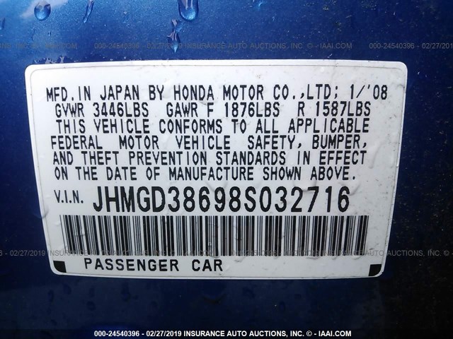 JHMGD38698S032716 - 2008 HONDA FIT SPORT BLUE photo 9