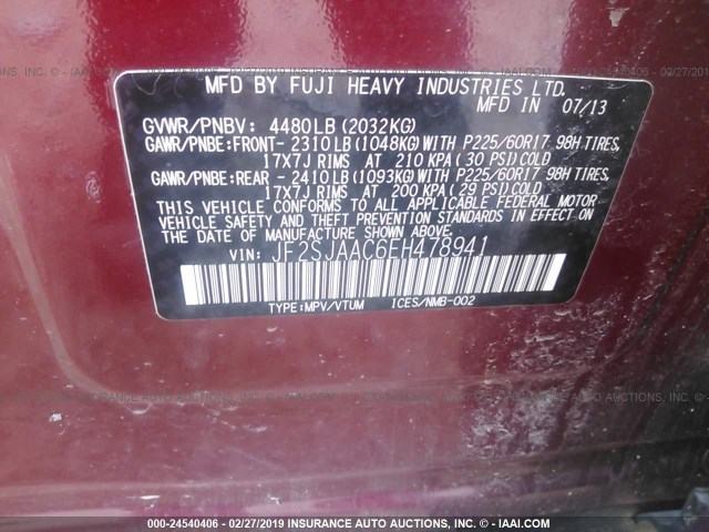 JF2SJAAC6EH478941 - 2014 SUBARU FORESTER 2.5I RED photo 9