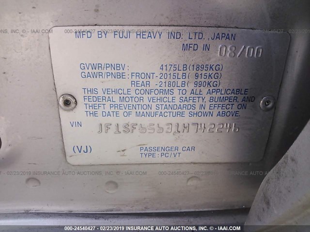 JF1SF65631H742246 - 2001 SUBARU FORESTER S Gümüş foto 9