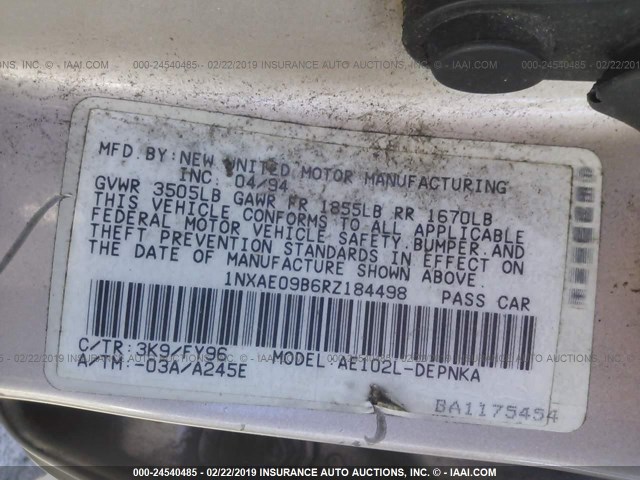 1NXAE09B6RZ184498 - 1994 TOYOTA COROLLA LE/DX 香槟色 照片 9