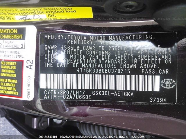 4T1BK3DB0BU378715 - 2011 TOYOTA AVALON LIMITED BURGUNDY photo 9