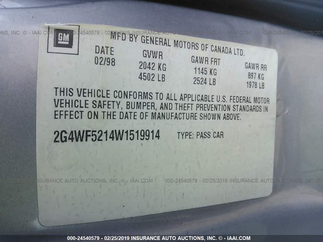 2G4WF5214W1519914 - 1998 BUICK REGAL GS SILVER photo 9