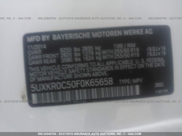 5UXKR0C50F0K65658 - 2015 BMW X5 XDRIVE35I WHITE photo 9