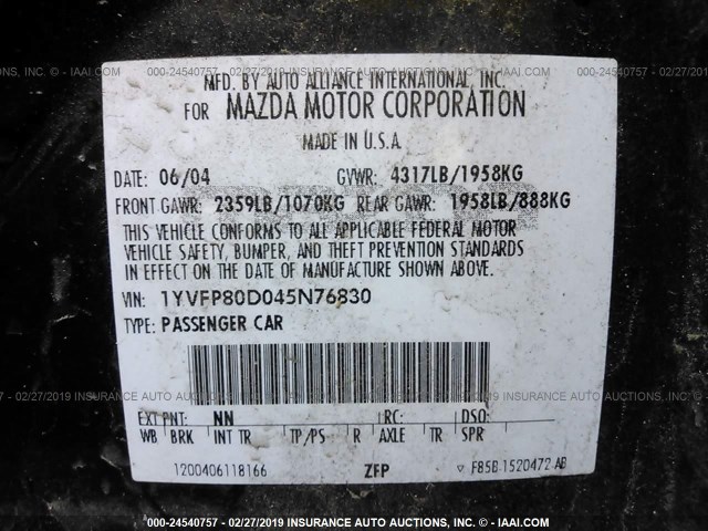 1YVFP80D045N76830 - 2004 MAZDA 6 S BLACK photo 9