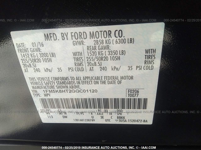 1FM5K8HT2GGC01120 - 2016 FORD EXPLORER PLATINUM BLACK photo 9