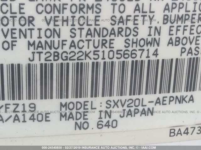 JT2BG22K510566714 - 2001 TOYOTA CAMRY CE/LE/XLE WHITE photo 9