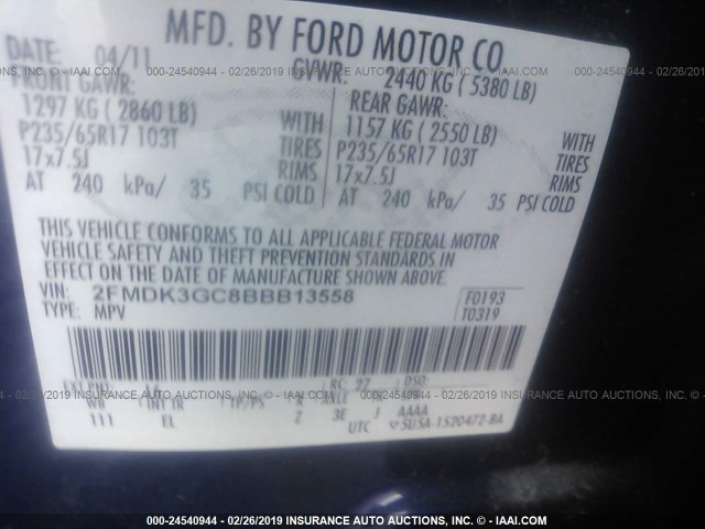 2FMDK3GC8BBB13558 - 2011 FORD EDGE SE Dark Blue photo 9