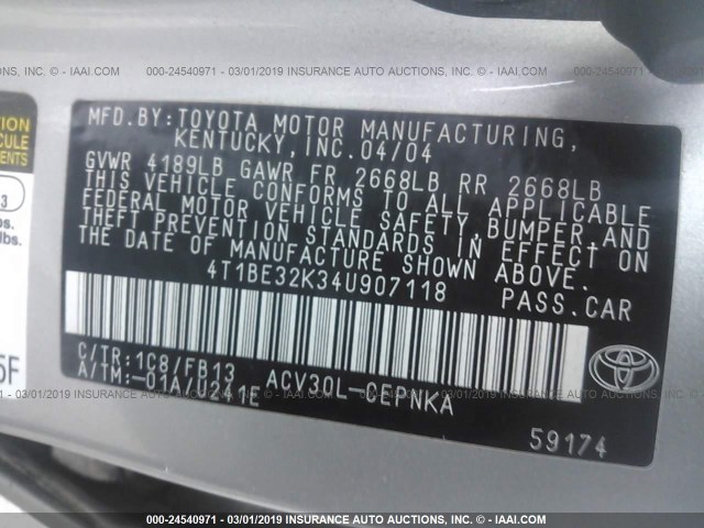 4T1BE32K34U907118 - 2004 TOYOTA CAMRY LE/XLE/SE SILVER photo 9