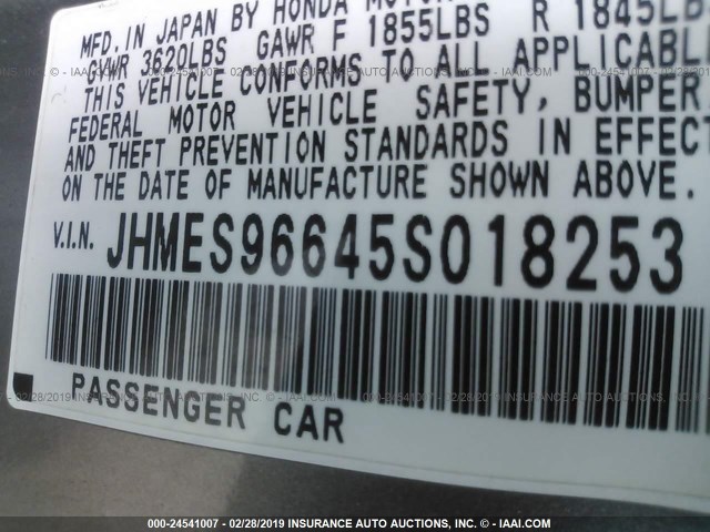 JHMES96645S018253 - 2005 HONDA CIVIC HYBRID GRAY photo 9