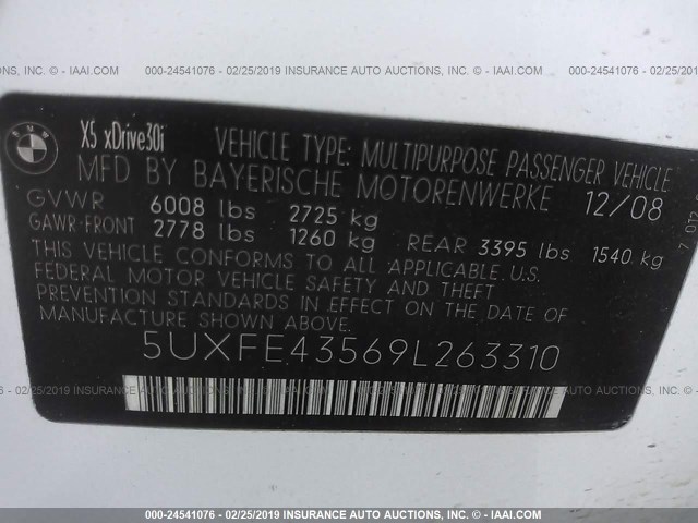 5UXFE43569L263310 - 2009 BMW X5 XDRIVE30I WHITE photo 9