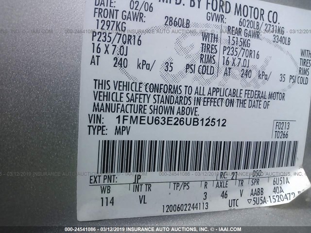 1FMEU63E26UB12512 - 2006 FORD EXPLORER XLT SILVER photo 9