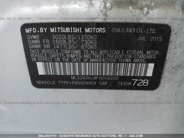 ML32A3HJ9FH054205 - 2015 MITSUBISHI MIRAGE DE WHITE photo 9