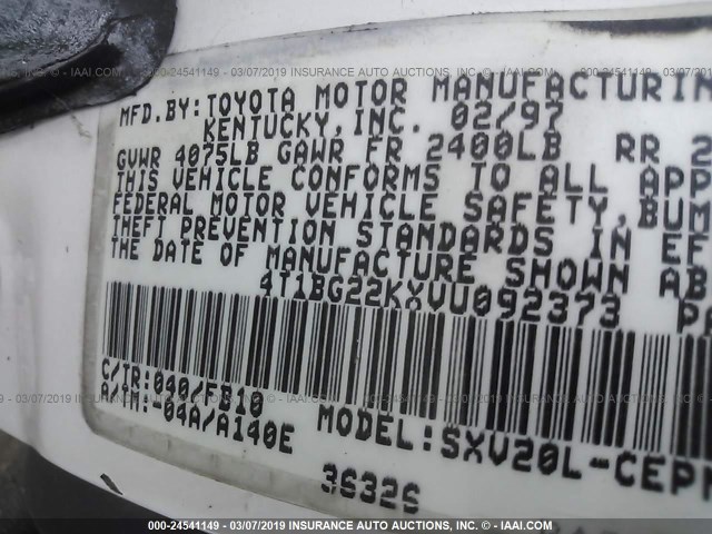 4T1BG22KXVU092373 - 1997 TOYOTA CAMRY CE/LE/XLE 白色 照片 9