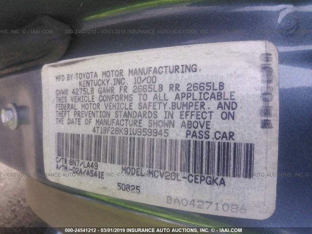 4T1BF28K91U959945 - 2001 TOYOTA CAMRY LE/XLE Көк фото 9