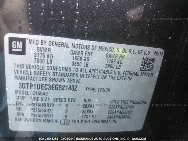 3GTP1UEC3EG521402 - 2014 GMC SIERRA C1500 SLE GRAY photo 9