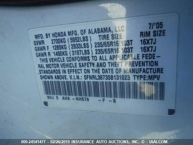 5FNRL38735B131823 - 2005 HONDA ODYSSEY EXL WHITE photo 9