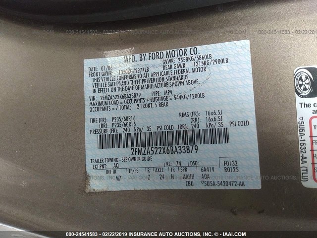 2FMZA522X6BA33879 - 2006 FORD FREESTAR SEL TAN photo 9