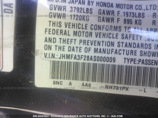 JHMFA3F28AS000009 - 2010 HONDA CIVIC HYBRID BLACK photo 9