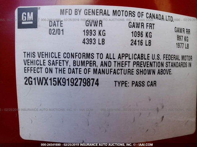 2G1WX15K919279874 - 2001 CHEVROLET MONTE CARLO SS RED photo 9