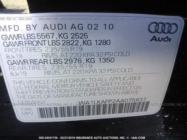 WA1LKAFP2AA075631 - 2010 AUDI Q5 PREMIUM PLUS BLACK photo 9