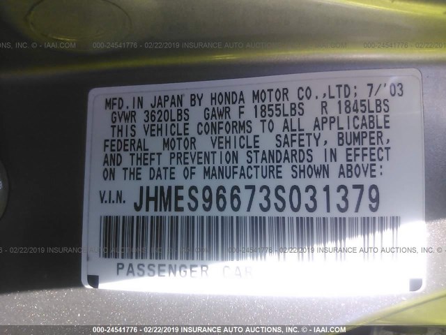 JHMES96673S031379 - 2003 HONDA CIVIC HYBRID GOLD photo 9