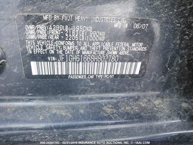 JF1GH61668H802780 - 2008 SUBARU IMPREZA 2.5I GRAY photo 9