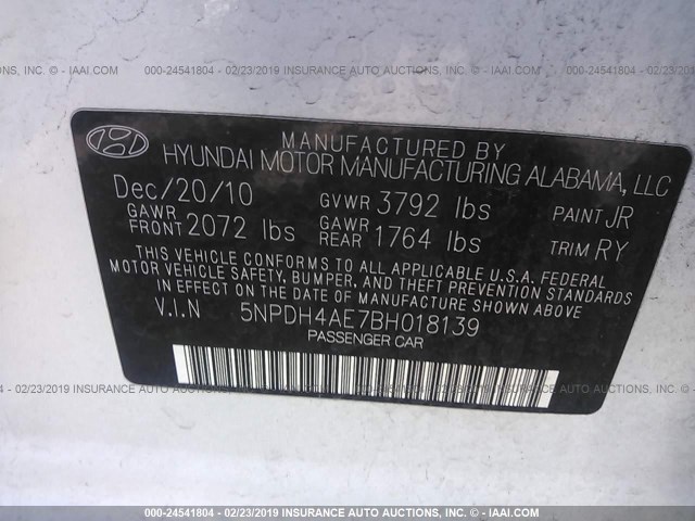 5NPDH4AE7BH018139 - 2011 HYUNDAI ELANTRA GLS/LIMITED WHITE photo 9