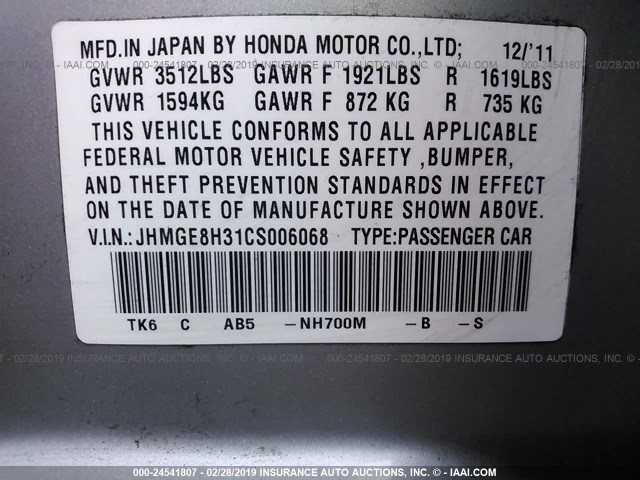 JHMGE8H31CS006068 - 2012 HONDA FIT SILVER photo 9